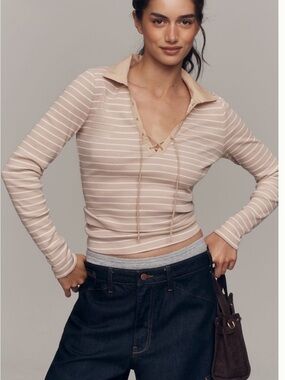 Anthropologie Maeve Beige & White Striped Lace-Up Polo Long Sleeve, New, M